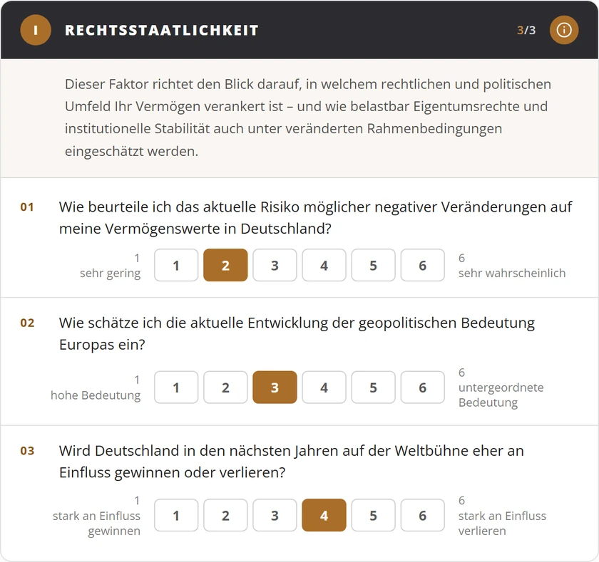 AP-Selbstcheck: drei Fragen zum Faktor Rechtsstaatlichkeit mit der Notenskala von 1 bis 6